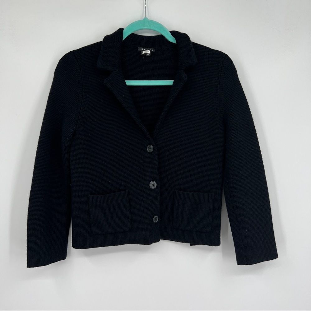 Theory sweater jacket blazer black three button closure surgeon cuffs quality S